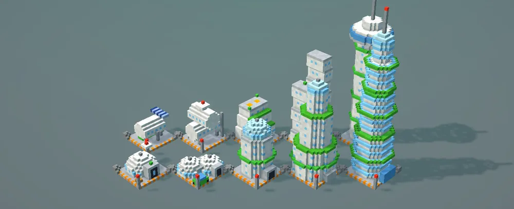 Five Moon habitat upgrade stages, from a small dome to a tall green-banded tower.