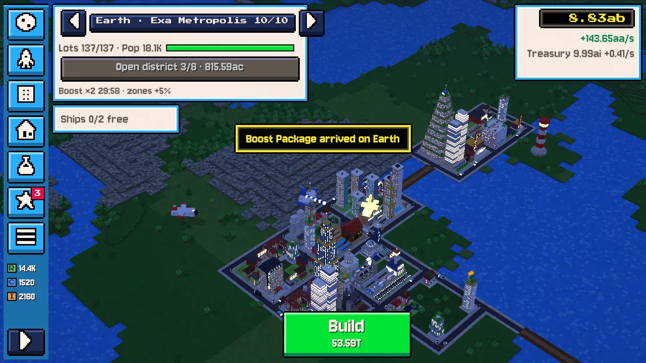 Exa Metropolis at night in Bit Universe, showing the colony HUD, illuminated buildings, aircraft, and Build control.