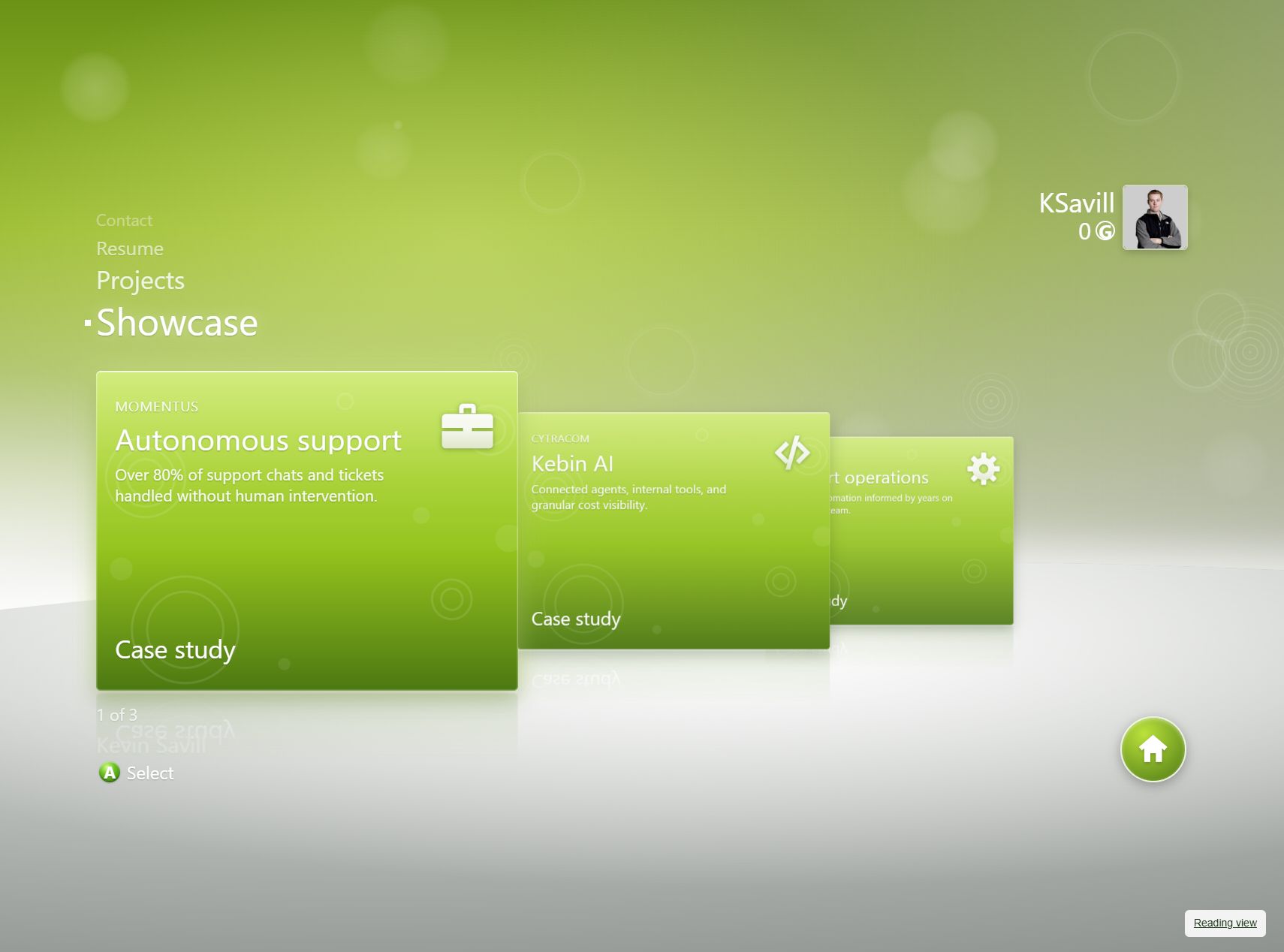 Kevin Savill's console-inspired dashboard with the Showcase tile selected.