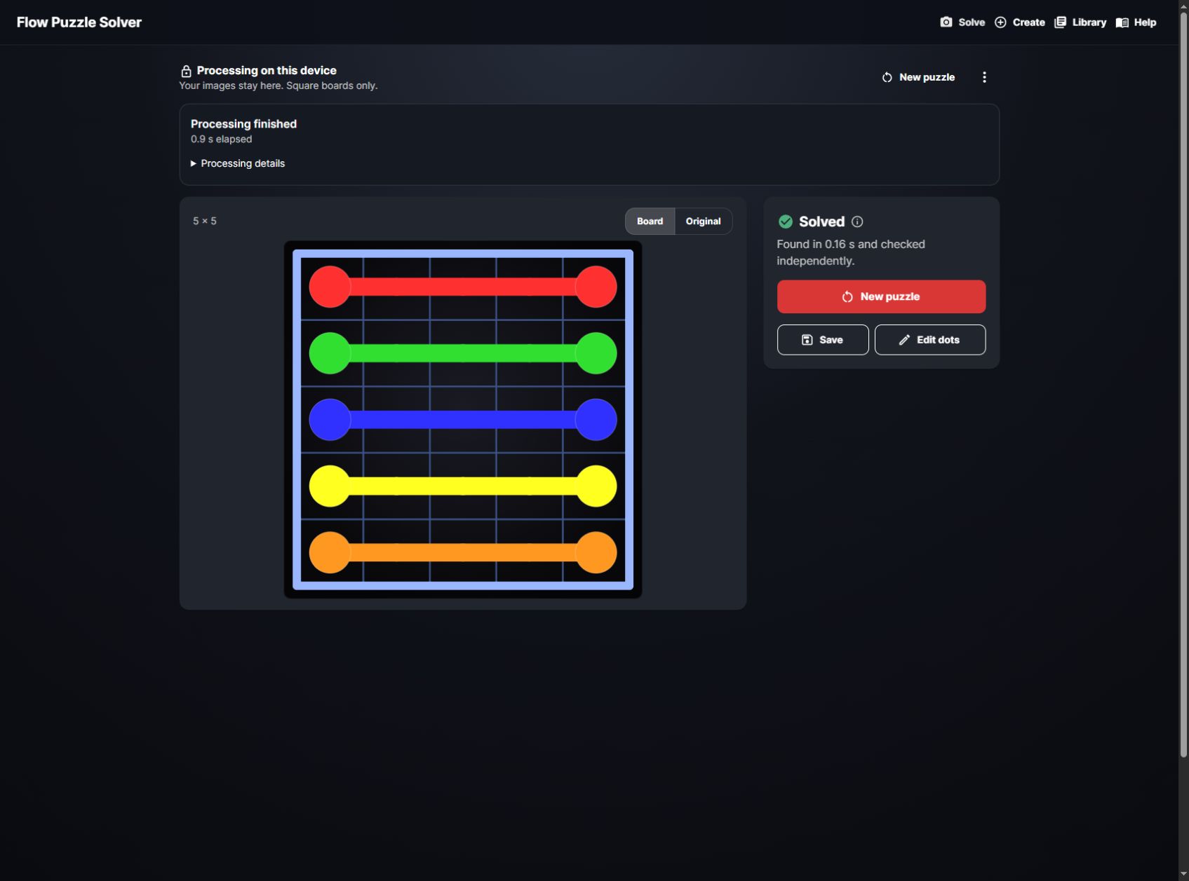 Flow Puzzle Solver displaying a solved five-by-five demo board, an on-device processing notice, and an independently checked solution.