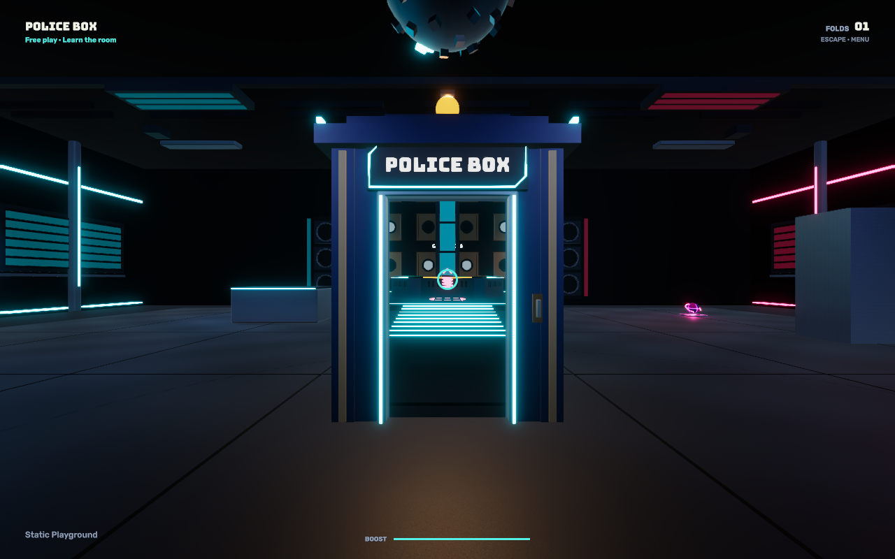 A doorway into the larger neon interior of the Police Box court.
