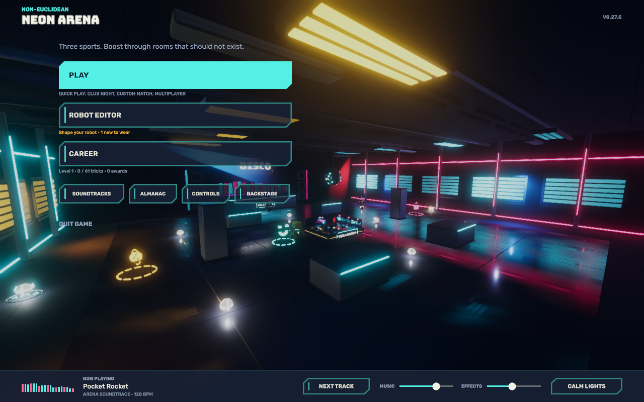 Non-Euclidean Neon Arena development build with neon courts and robot players behind the main menu.
