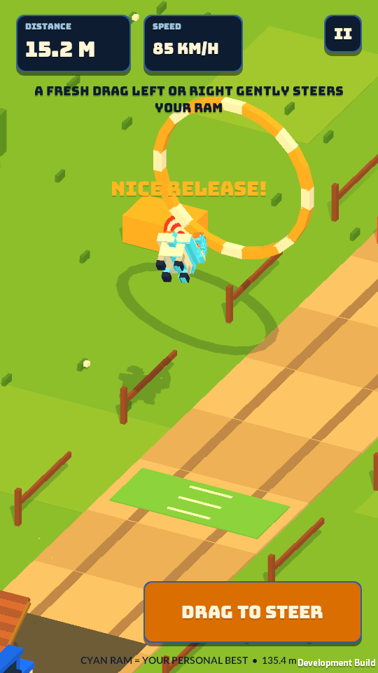 A toy ram flies toward a golden ring above a farm course with distance and speed indicators.