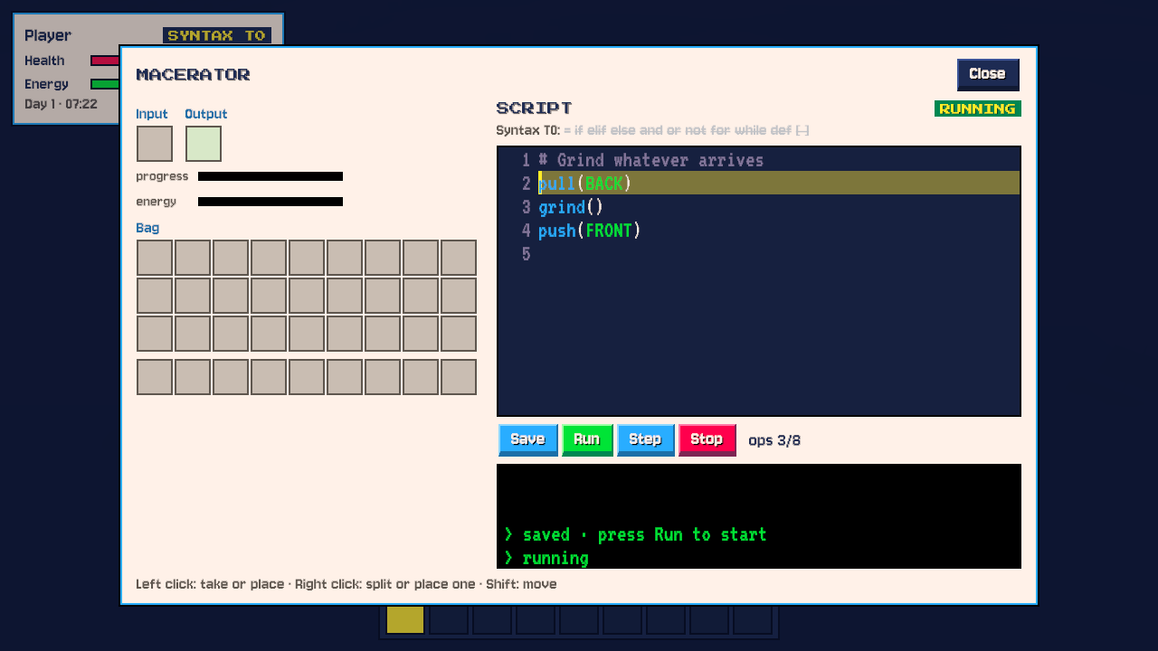 Scriptlands machine editor running a pull, grind, and push script for a Macerator.